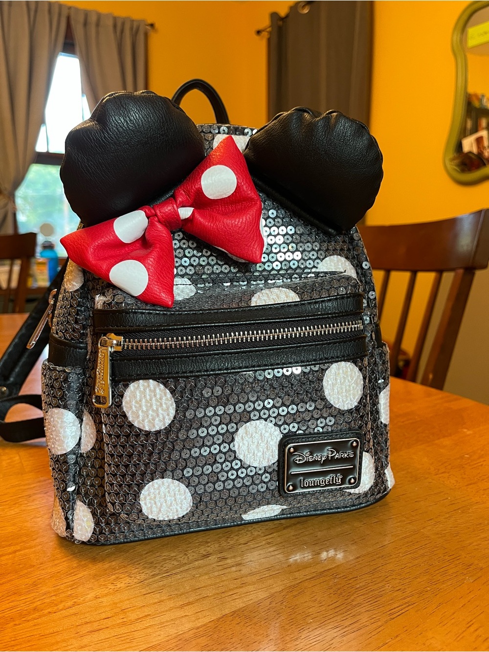 Disney Parks Loungefly Minnie Mouse Mini Backpack Sequin Polka Dots Black White